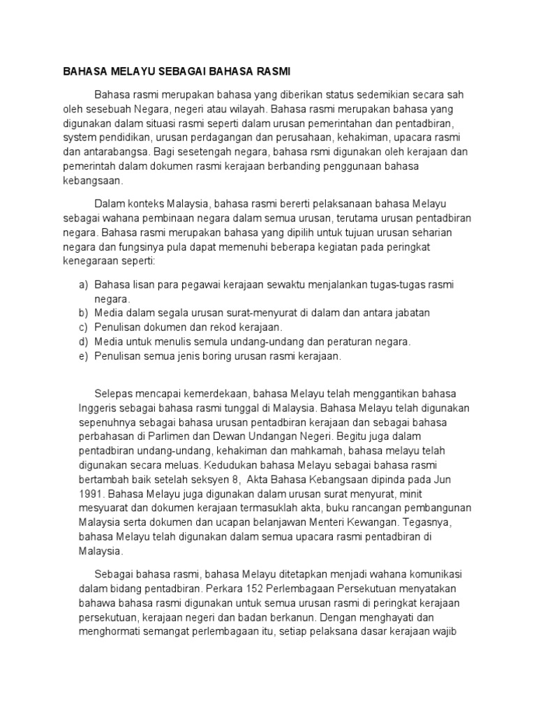 Bahasa Melayu Sebagai Bahasa Rasmi