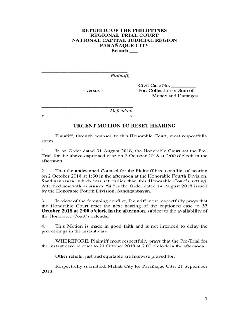 Urgent Motion to Reset Pre-Trial Hearing | PDF