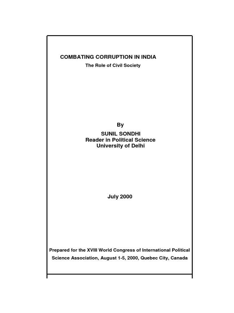 Combating Corruption in India. The Role of Civil Society PDF | PDF ...