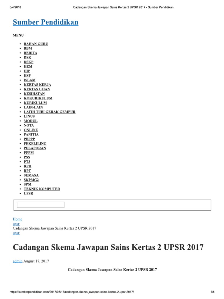 Cadangan Jawapan Upsr Sains 2018