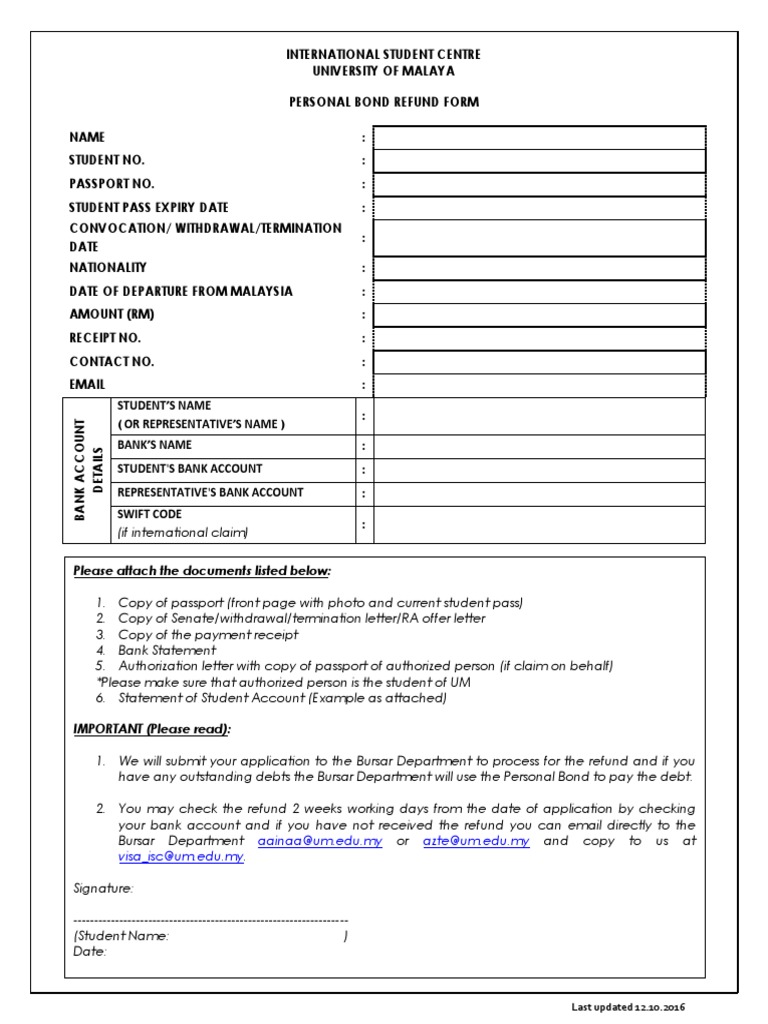 Personal Bond Refund Form PDF Receipt Banks