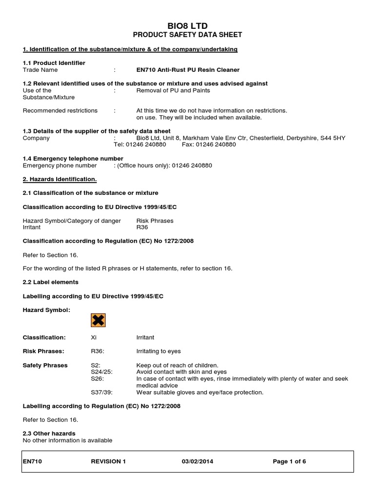 EN710 AntiRust Version MSDS Sheet Carbon Toxicity