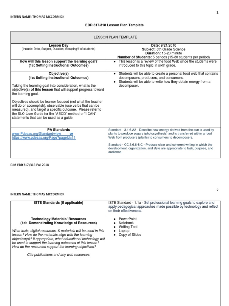 Food  Lesson PDF Lesson Plan Individualized Education Program