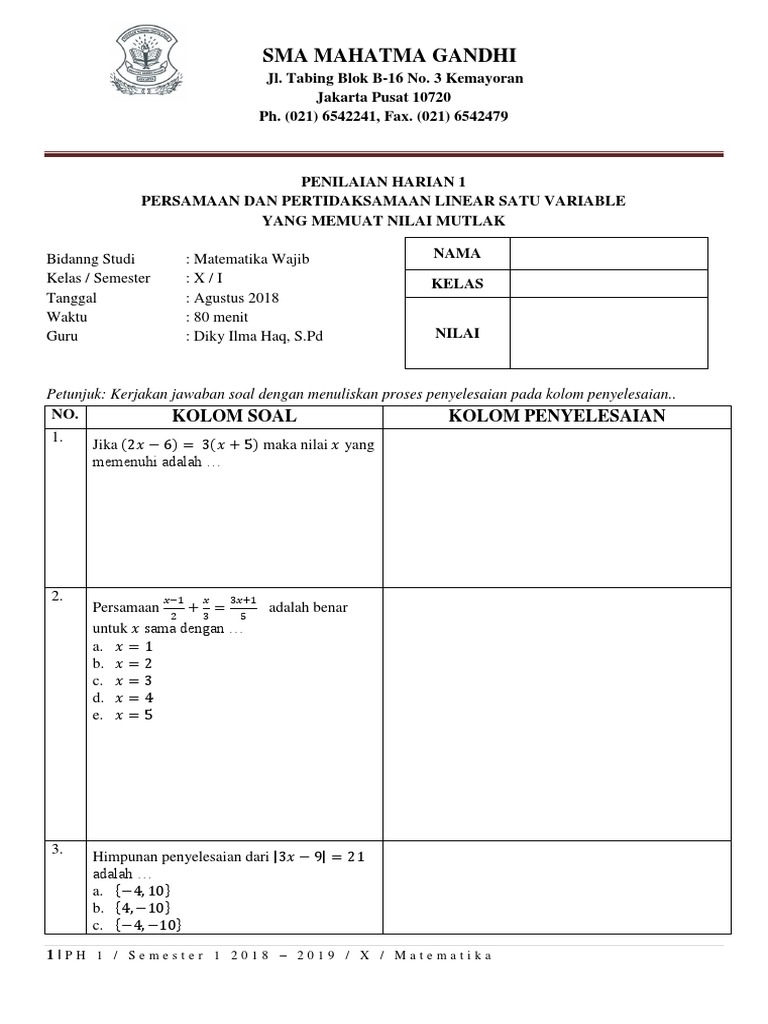 Ph 1 Persamaan Dan Pertidaksamaan Linear Satu Variabel Yang Memuat Nilai Mutlak