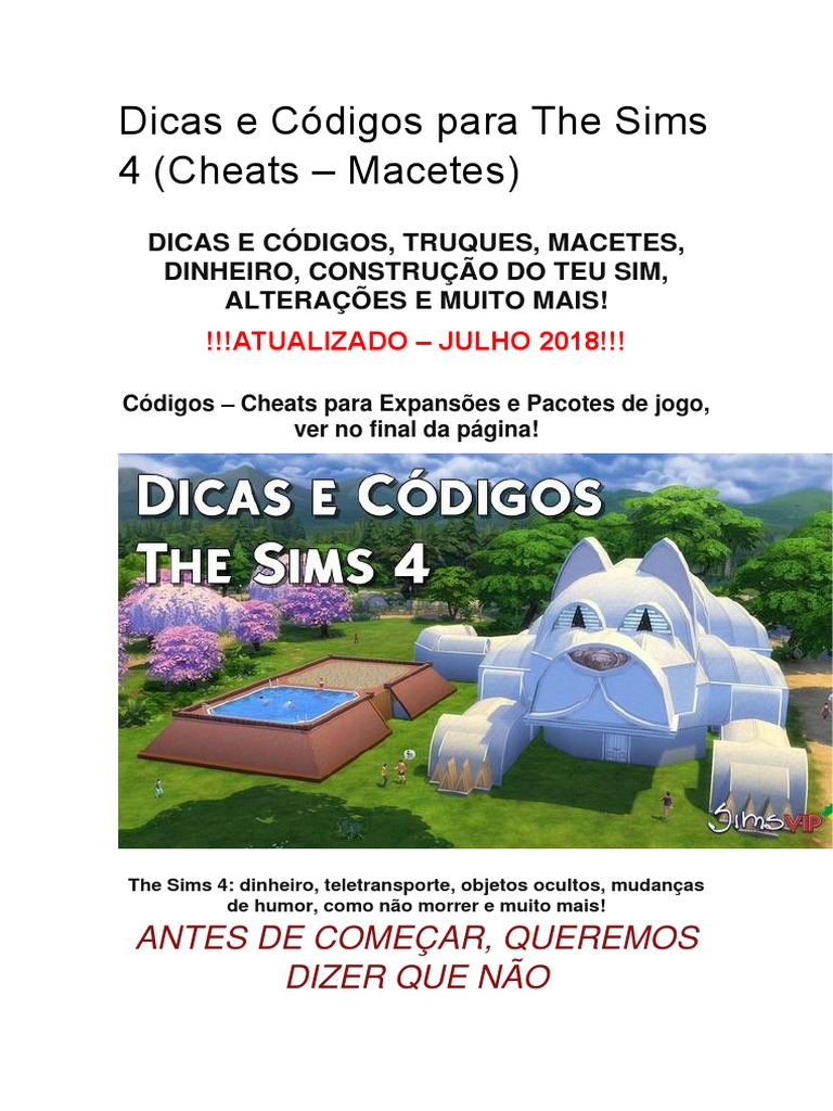 Dicas e Códigos para The Sims 4, PDF, Trapacear em videogames