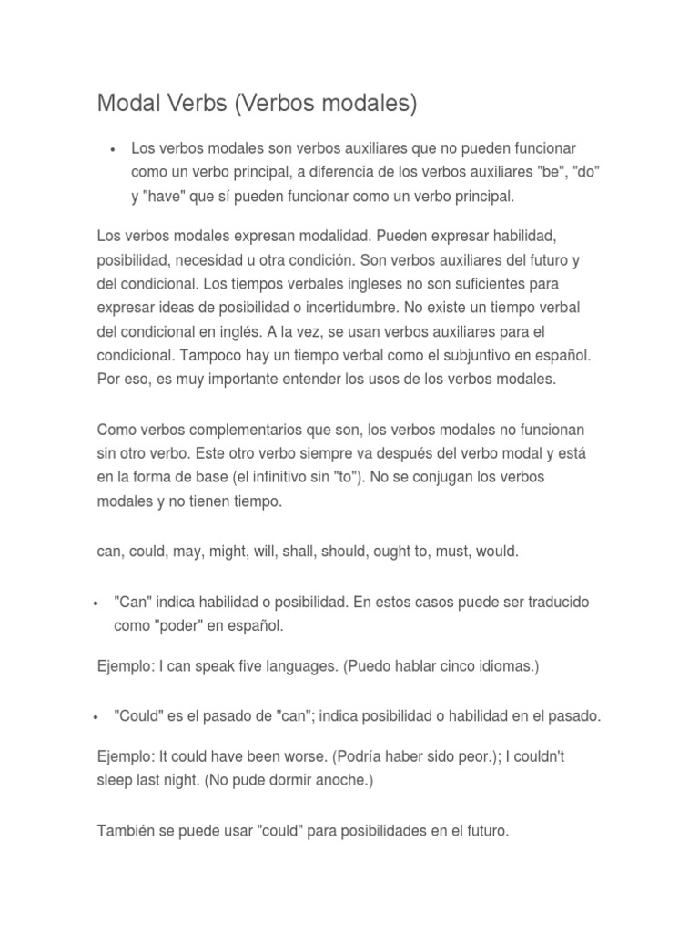Verbos Modales en Inglés y Español | PDF