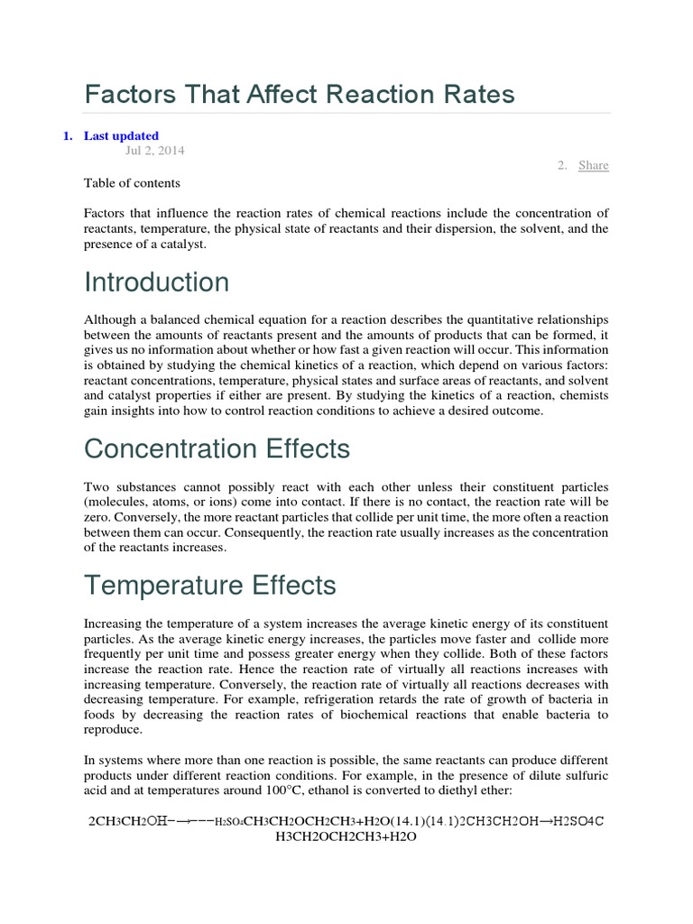 Key Factors Influencing Reaction Rates | PDF | Chemical Kinetics ...
