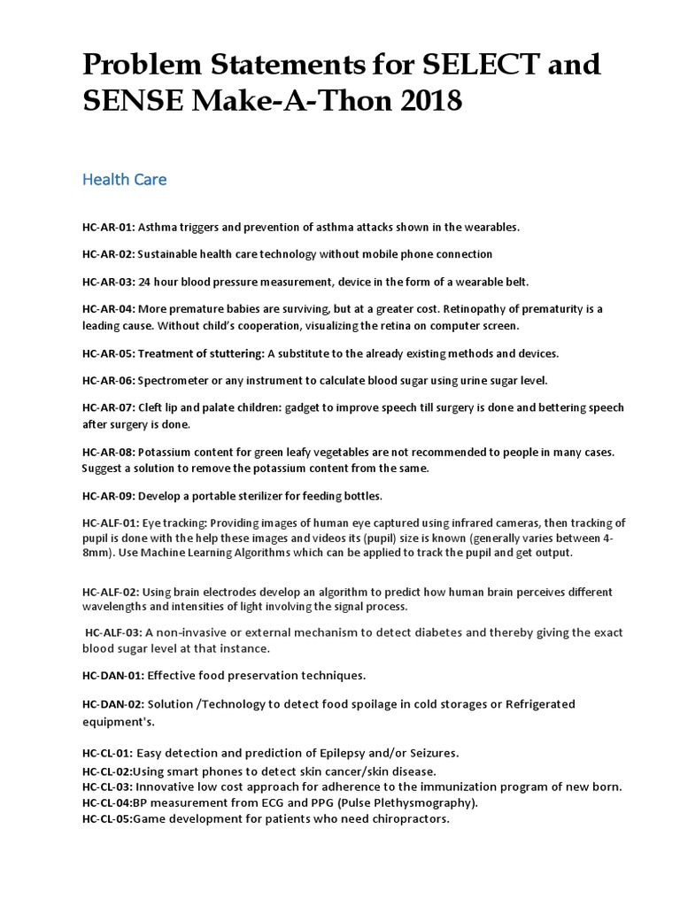 Health Tech Problem Statements 2018 | PDF | Automation | Engines