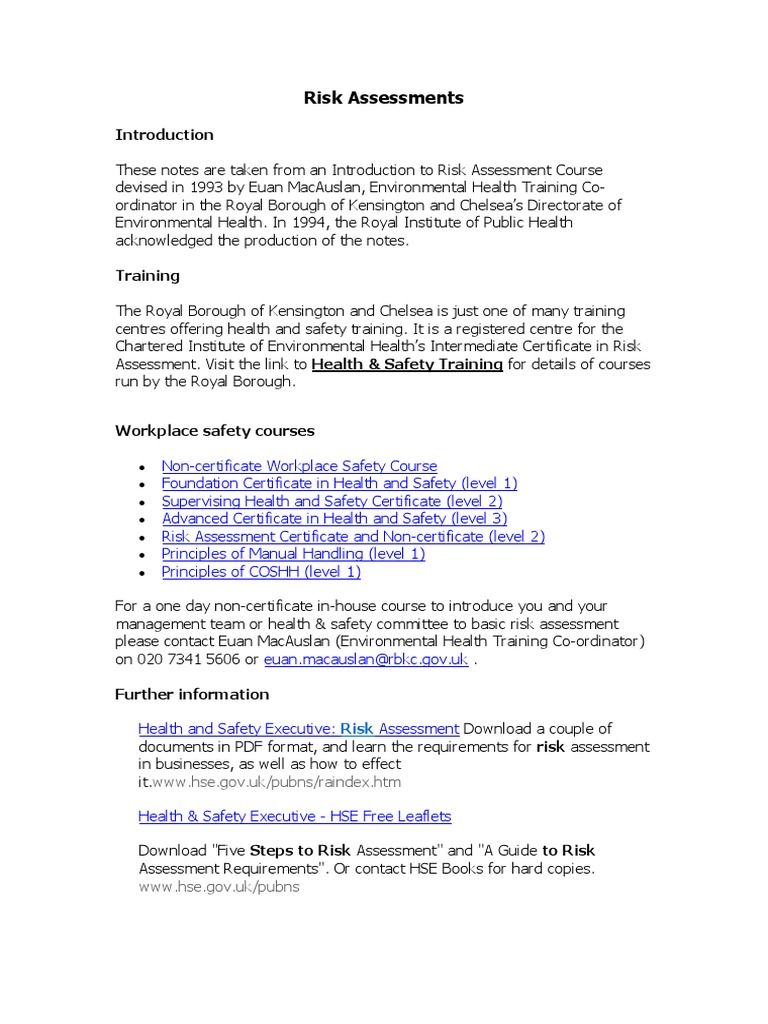 Health and Safety Risk Assessments PDF | PDF | Occupational Safety And ...