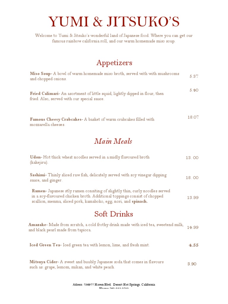 Yumi & Jitsuko's Japanese Menu | PDF