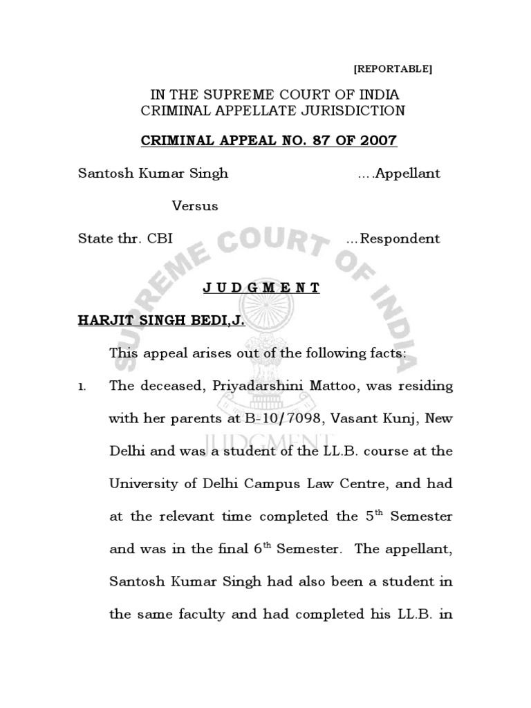 Priyadarshini Mattoo Case Judgement Supreme Court PDF Burden Of