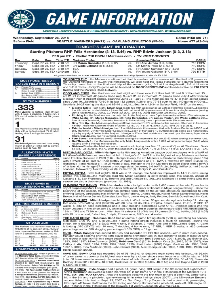 09.26.18 Game Notes | PDF | Baseball Pitching | Major League Baseball Teams