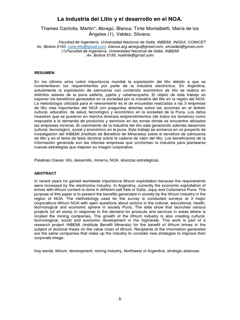 Beneficios de la industria del litio en el NOA | PDF | Minería | Litio