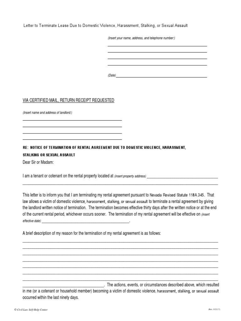 Sample Letter To Terminate Lease For Domestic Violence Fillable PDF