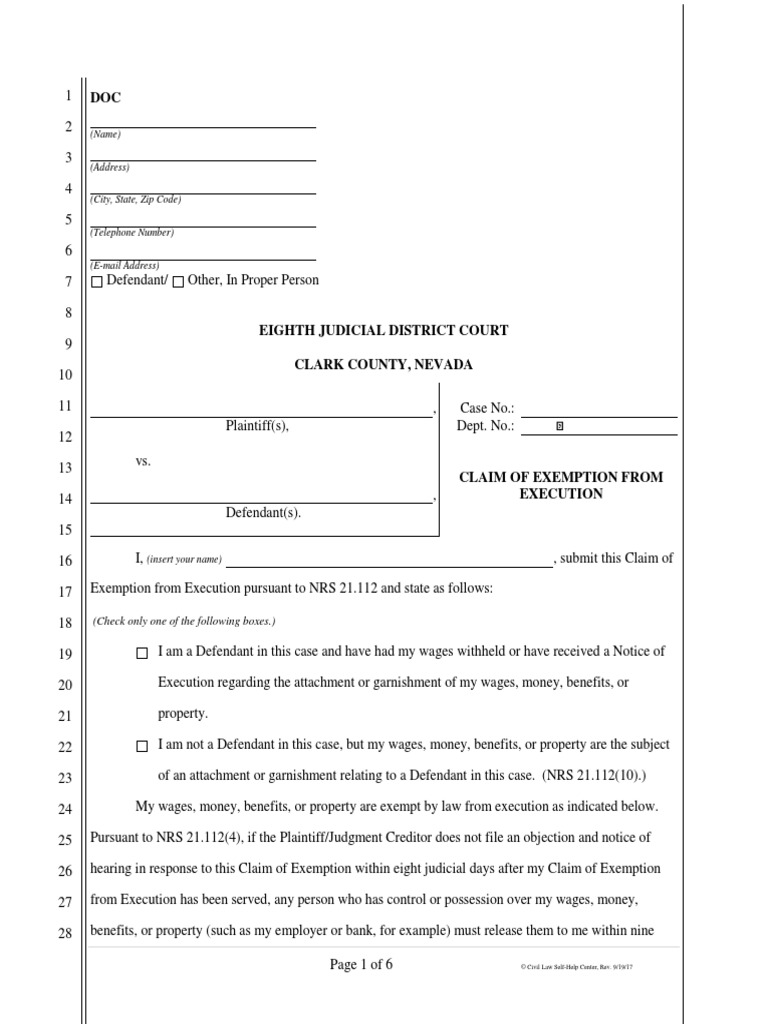 Claim of Exemption From Execution Fillable PDF PDF Garnishment