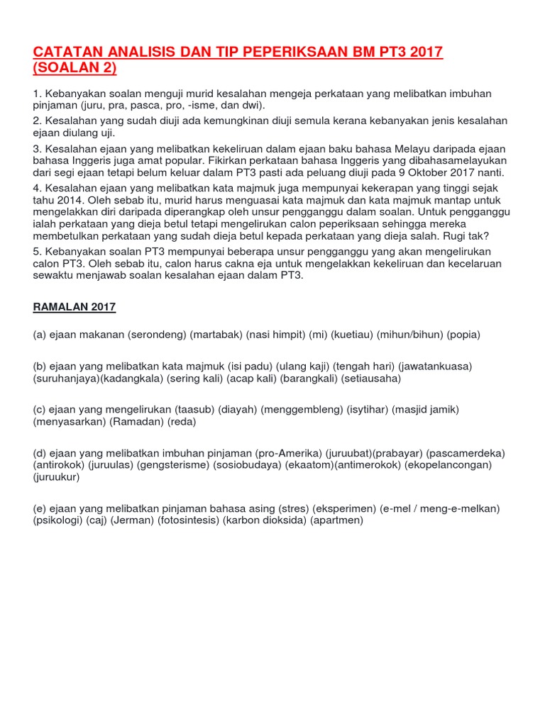 Catatan Analisis Dan Tip Peperiksaan Bm Pt3 2017