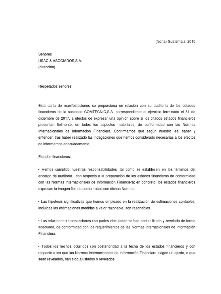 Carta de Representacion  Contabilidad  Auditoría