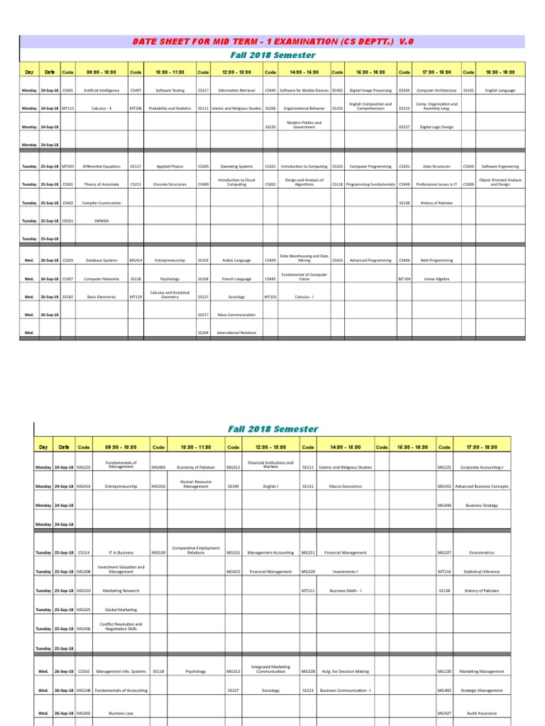 Date Sheet Mid-1-Fall 18stu | PDF | Engineering | Computer Programming