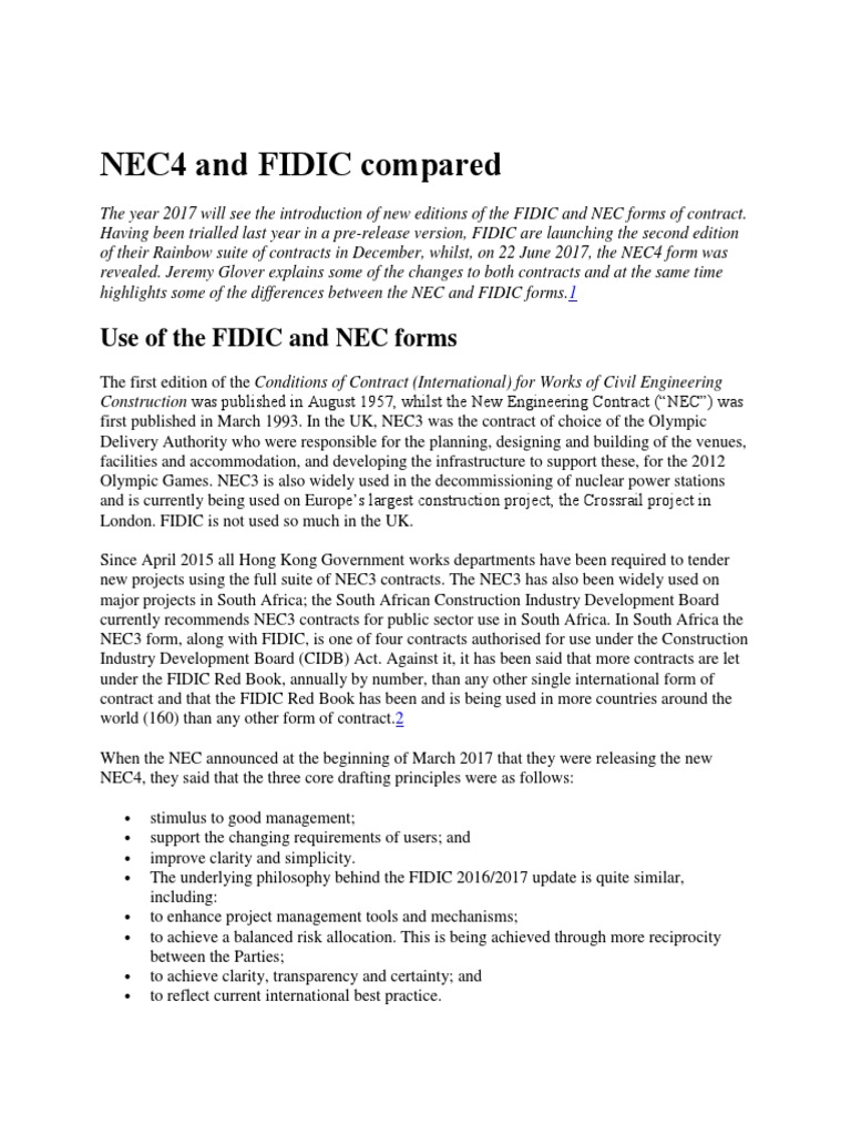 NEC4 and FIDIC Compared | PDF | Indemnity | Contractual Term