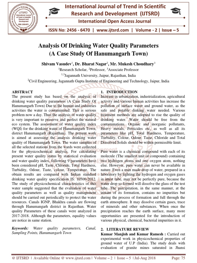 Analysis Of Drinking Water Quality Parameters A Case Study Of