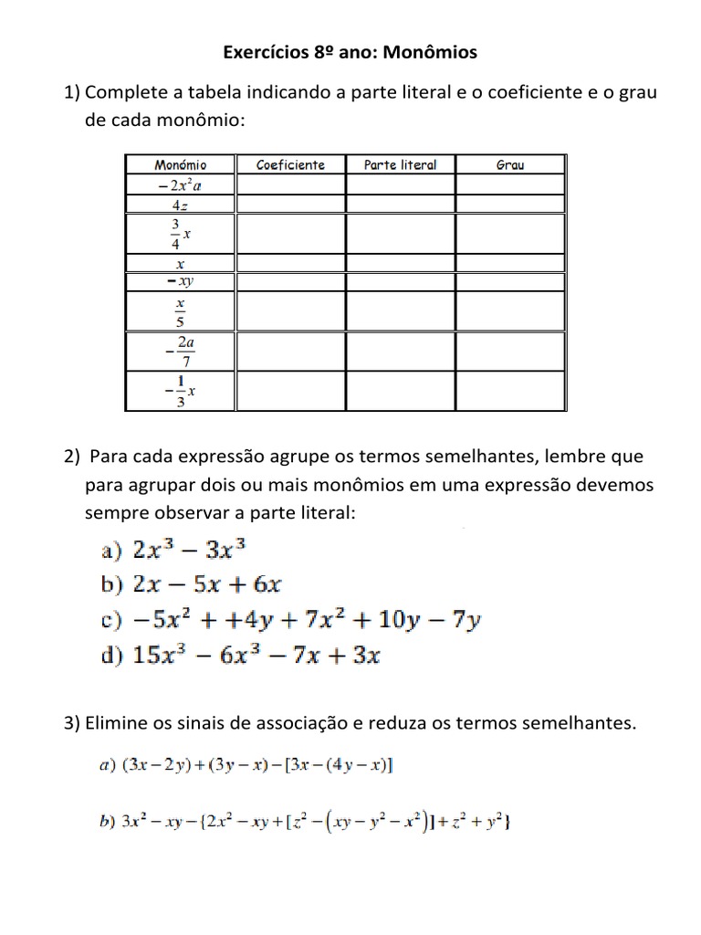 Exercícios de Monômios para 8º Ano | PDF