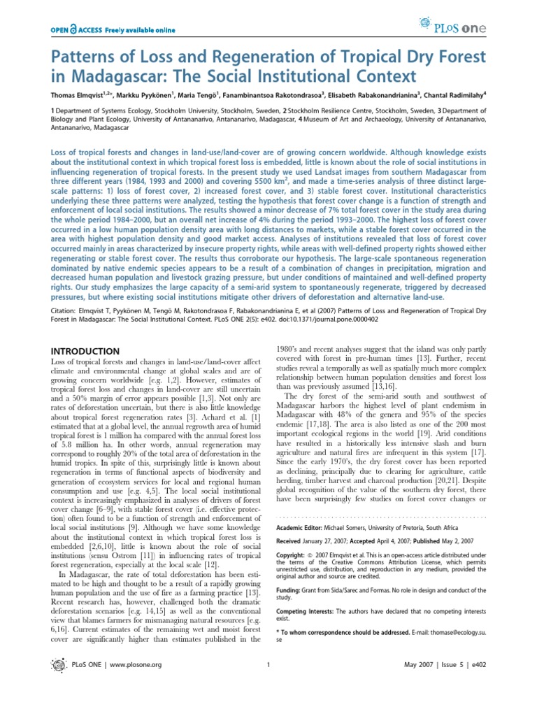 Patterns of Loss and Regeneration of Tropical Dry Forest in Madagascar ...