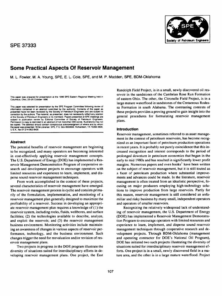 Some Practical Aspects of Reservoir Management PDF Petroleum Reservoir Simulation
