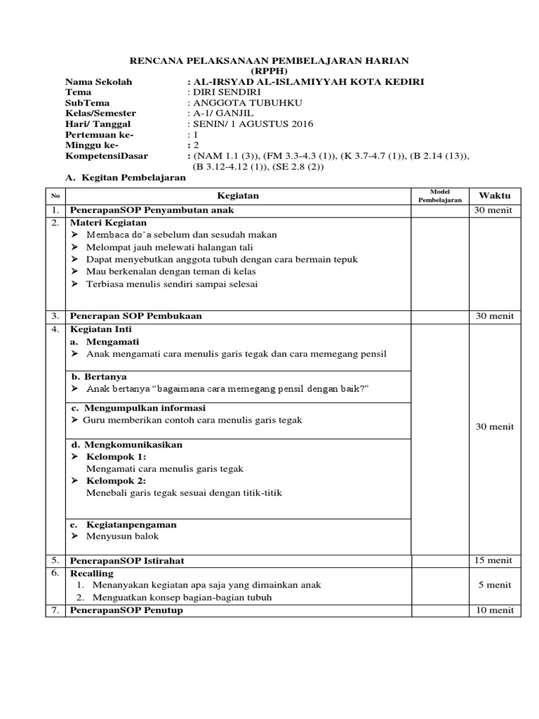 RPPH Tema Diri Sendiri PAUD | PDF | Karier & Perkembangan | Sains ...