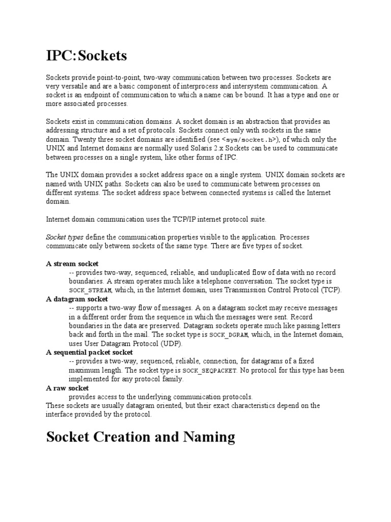 IPC Sockets Network Socket Transmission Control Protocol