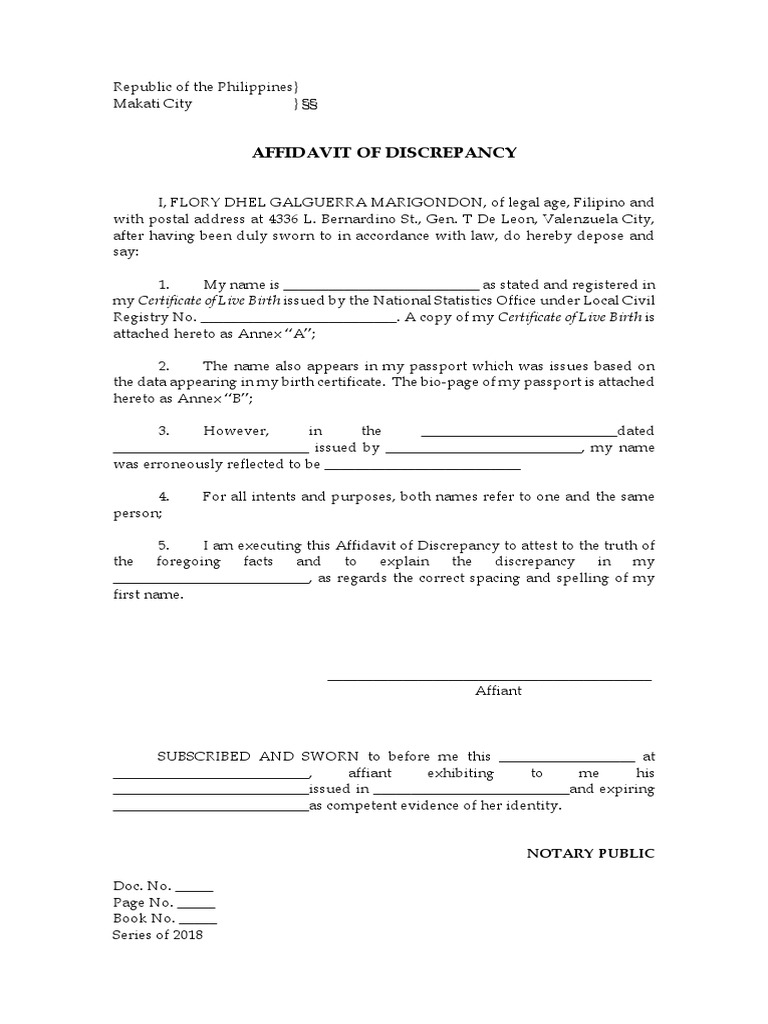 Affidavit of Discrepancy Template | PDF | Affidavit | Government And ...