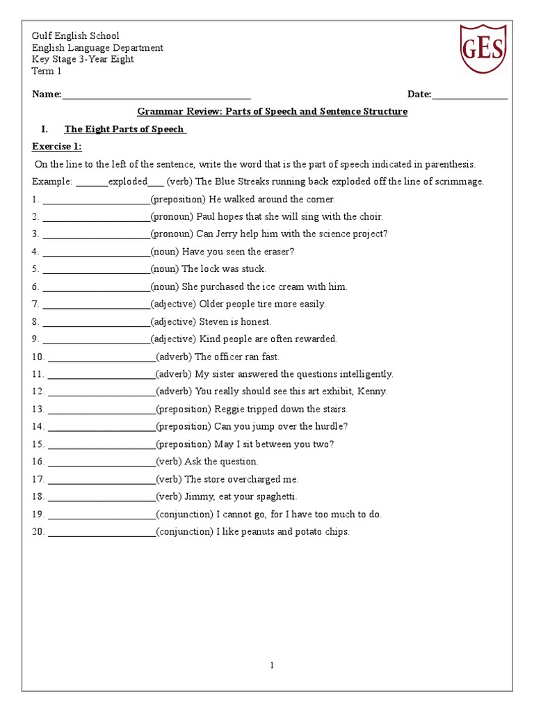 parts of speech review worksheet 8th grade