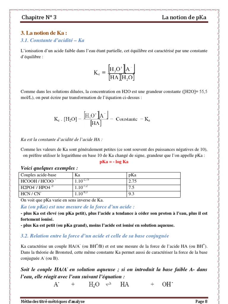 Notion de Ka et pKa en chimie | PDF | Constante d'acidité ...