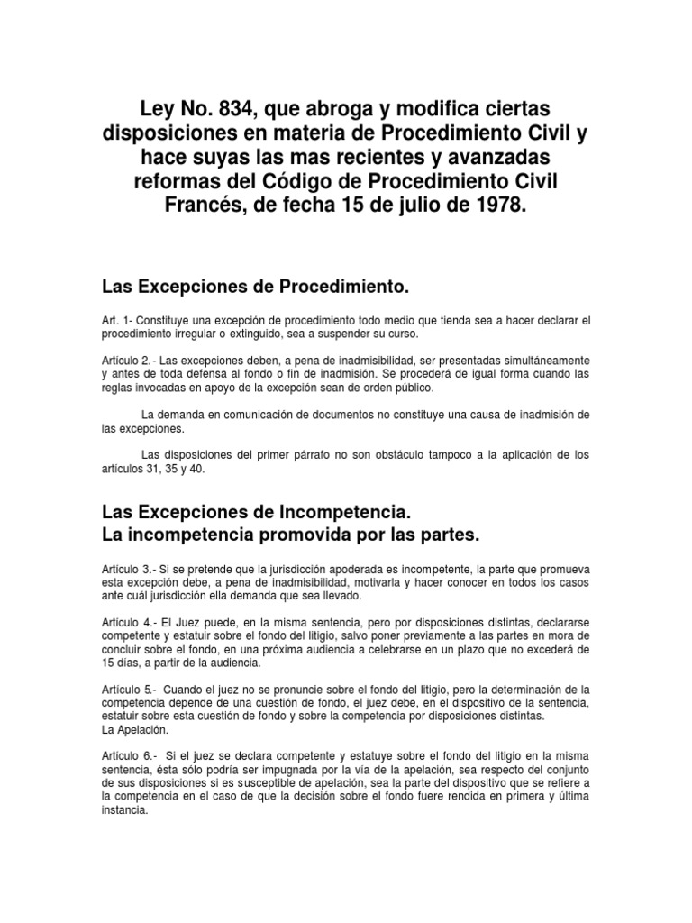 Ley No. 834, Que Abroga y Modifica Ciertas Disposiciones en Materia de ...