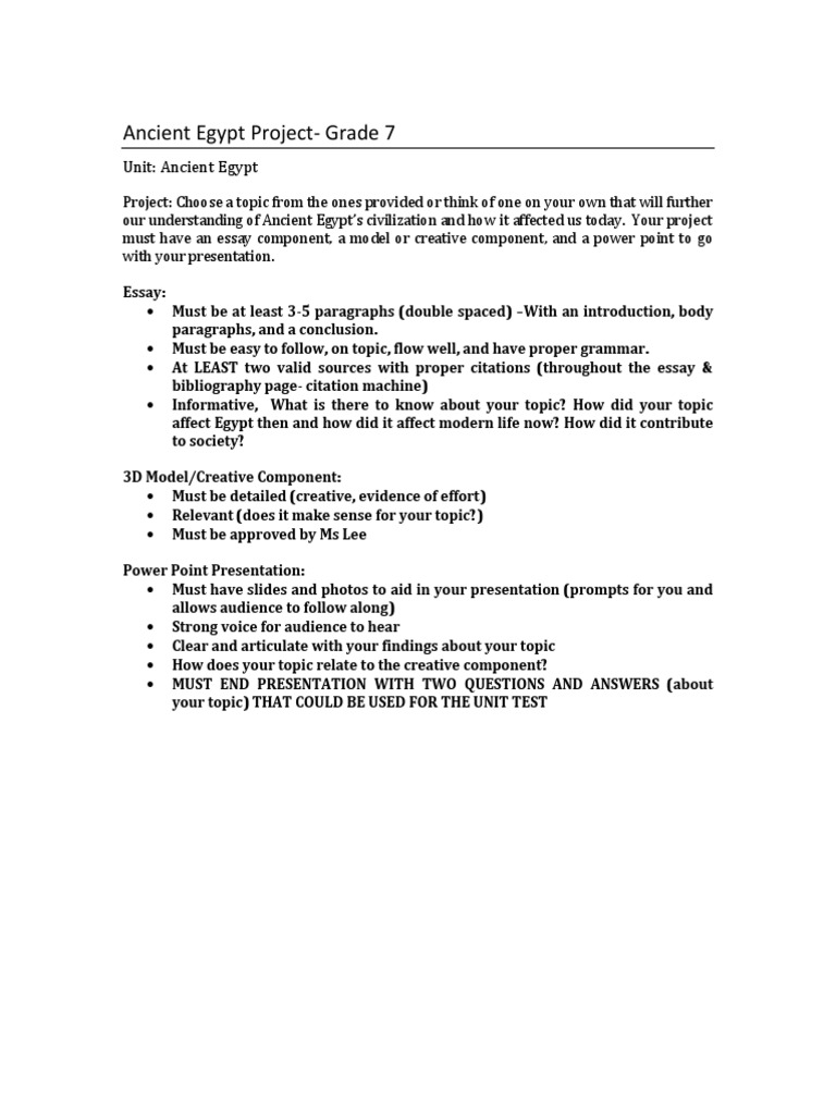 Ancient Egypt Project Guidelines for 7th Grade | PDF
