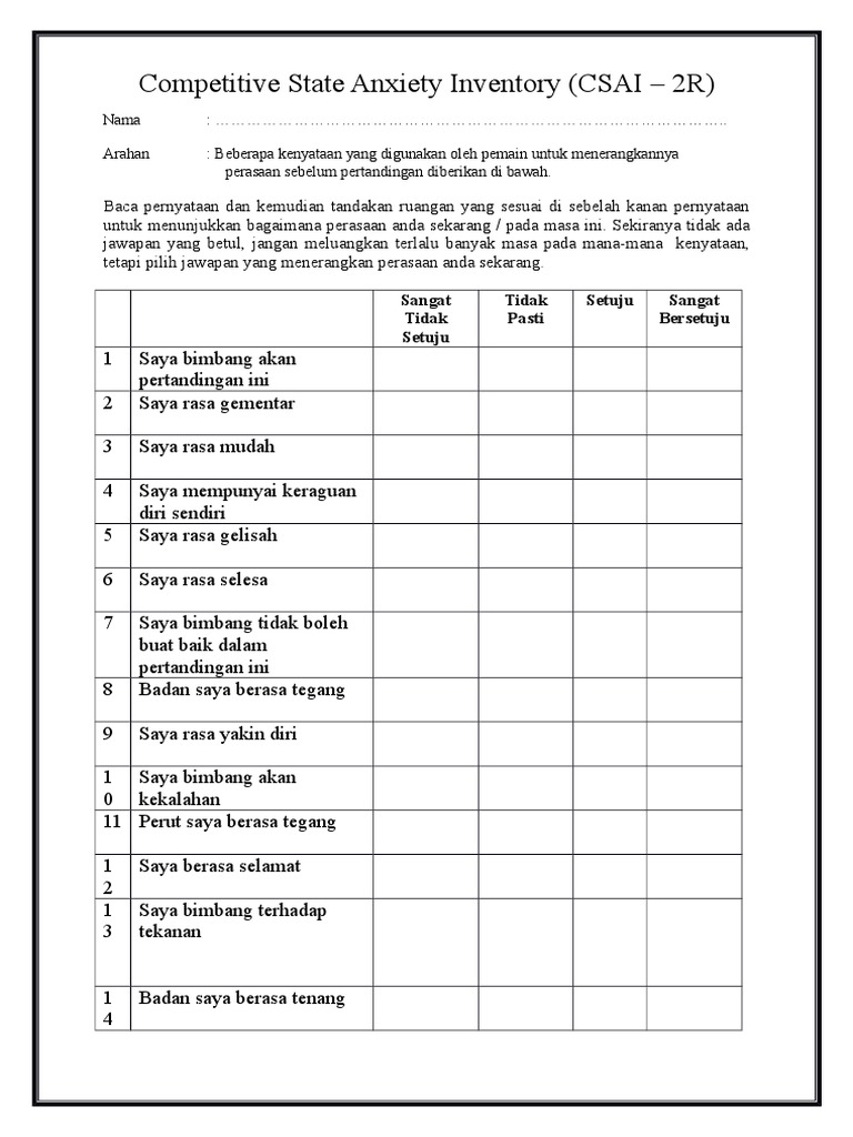Kuesioner CSAI-2R untuk Atlet | PDF