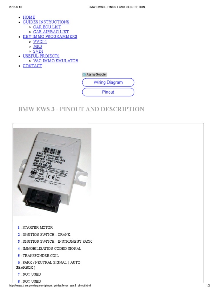 BMW Ews 3 Pinout and Description PDF Vehicle Technology Systems