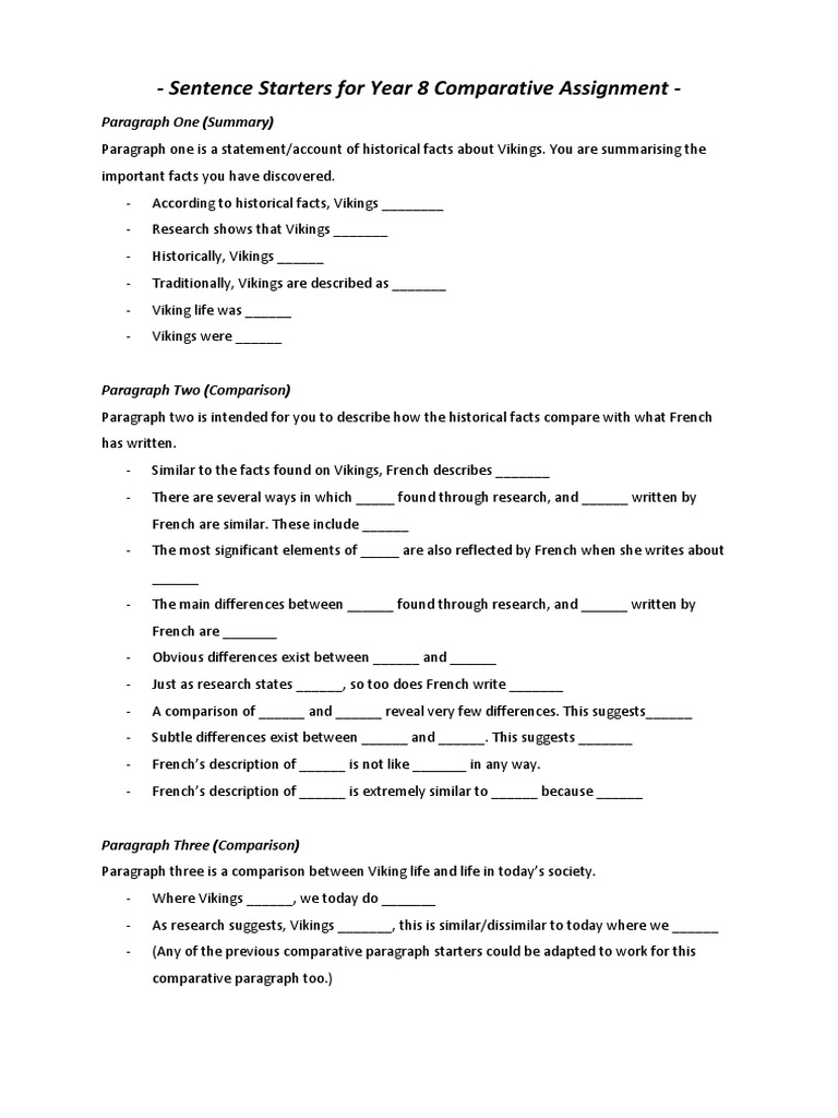 Sentence starters for comparing essays picture