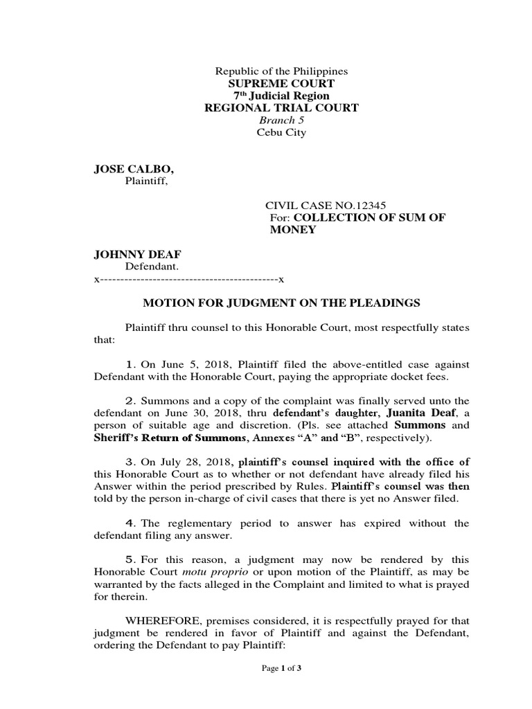 Motion for Judgment on Pleadings | PDF | Complaint | Lawsuit