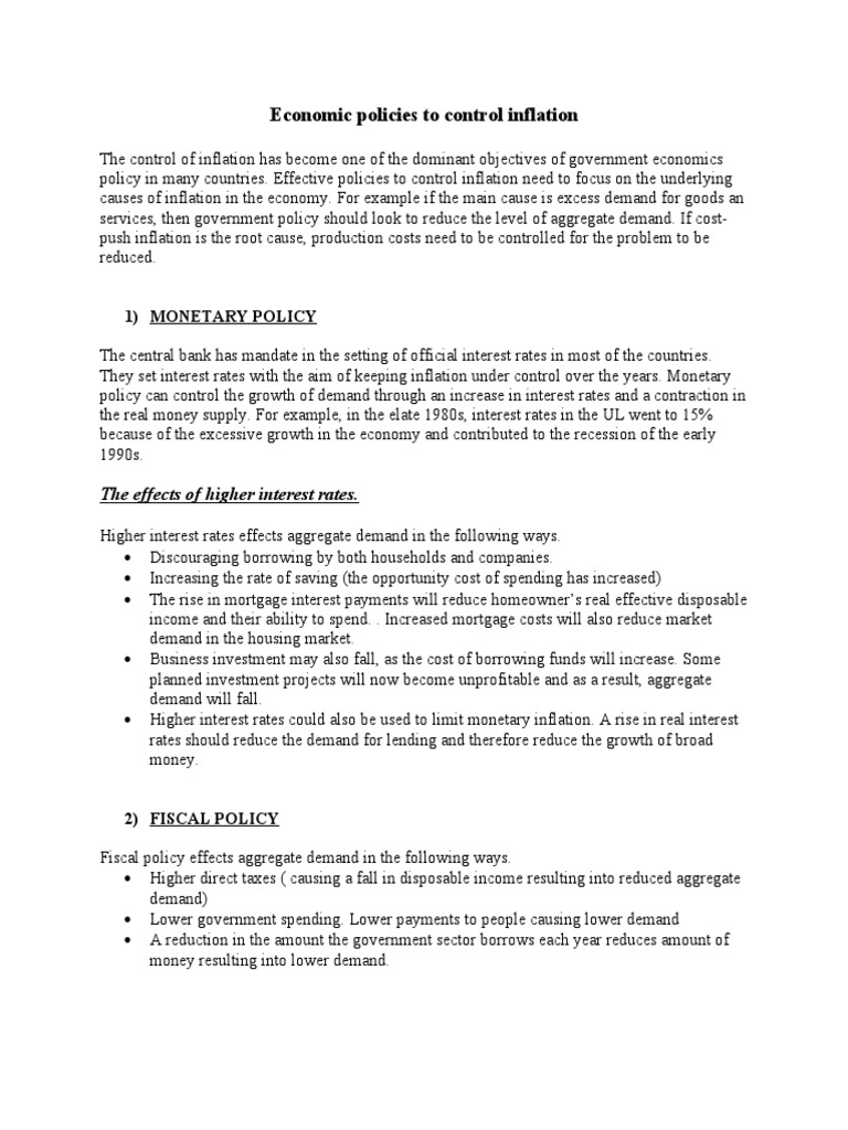 Inflation Control Economic Policies Explained | PDF | Inflation | Interest