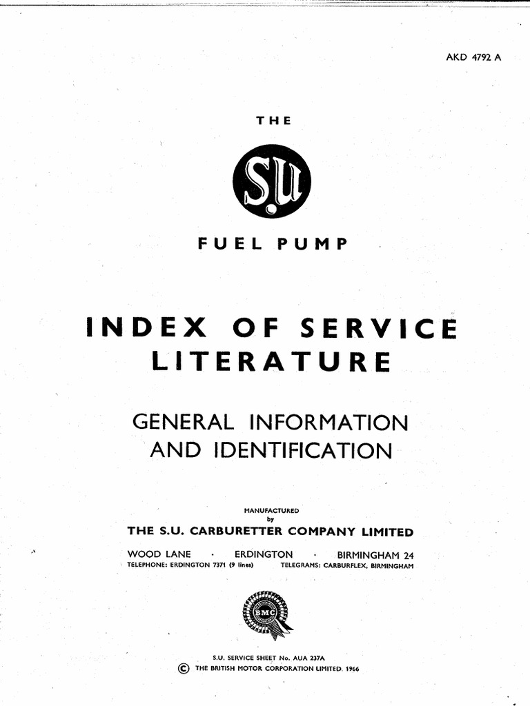 The SU Fuel Pump Index of Service Literature AKD 4792A PDF