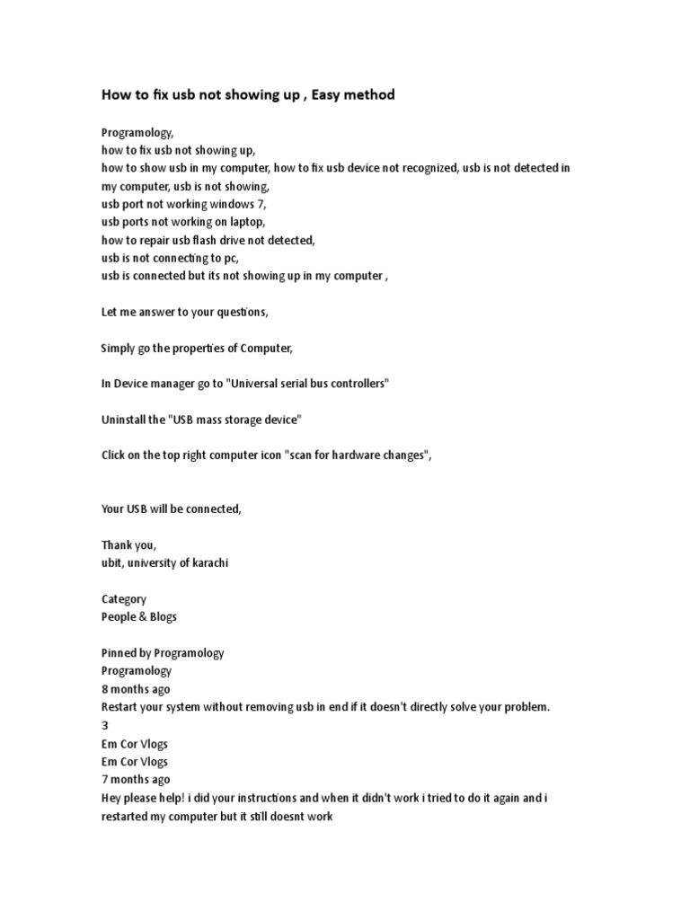 How To Fix Usb Not Showing Up, Easy Method To Show Usb Not Recognized Connecting Detected PDF