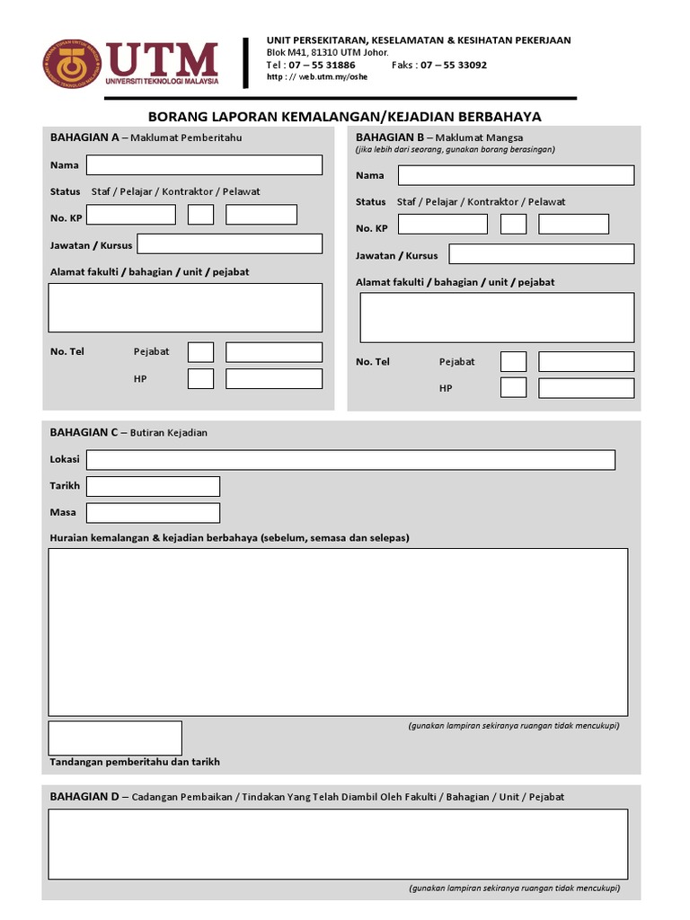 Contoh Borang Laporan Kemalangan Di Tempat Kerja Gambaran - Riset
