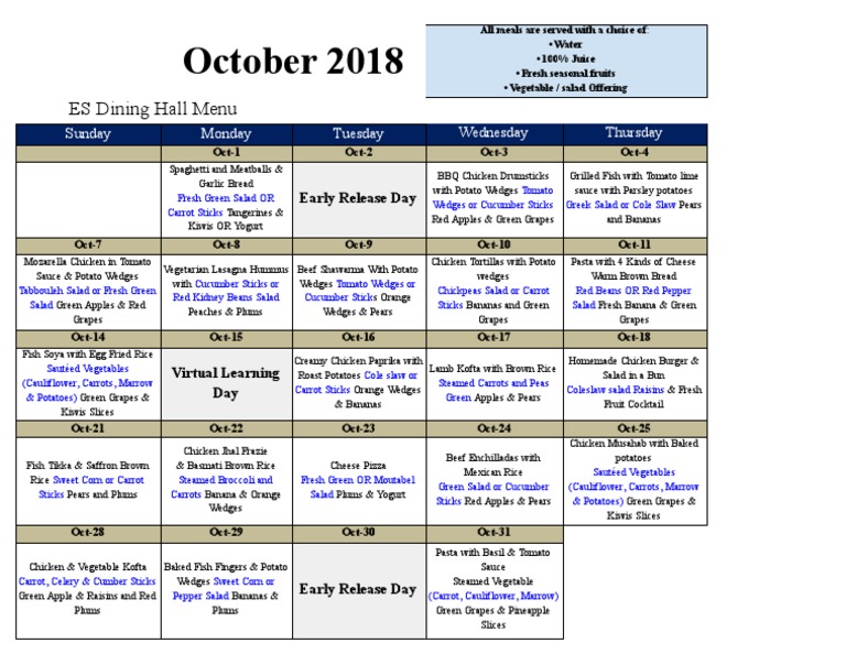 October 2018 Dining Hall Menu | PDF