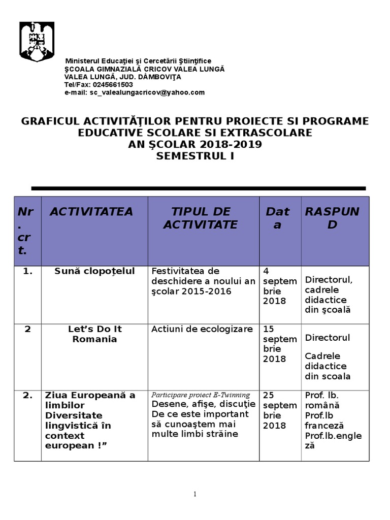 Calendarul Activitatilor Educative 20182019 PDF