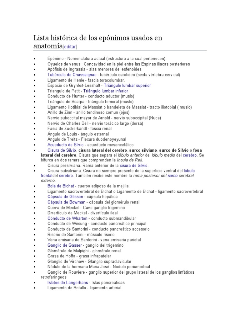 Epónimos en Anatomía: Lista Histórica | PDF | Fluido cerebroespinal ...