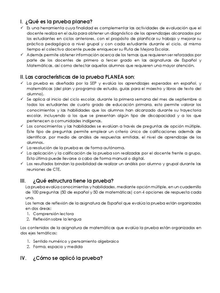 ¿Qué es la prueba Planea? | PDF | Maestros | Educación primaria
