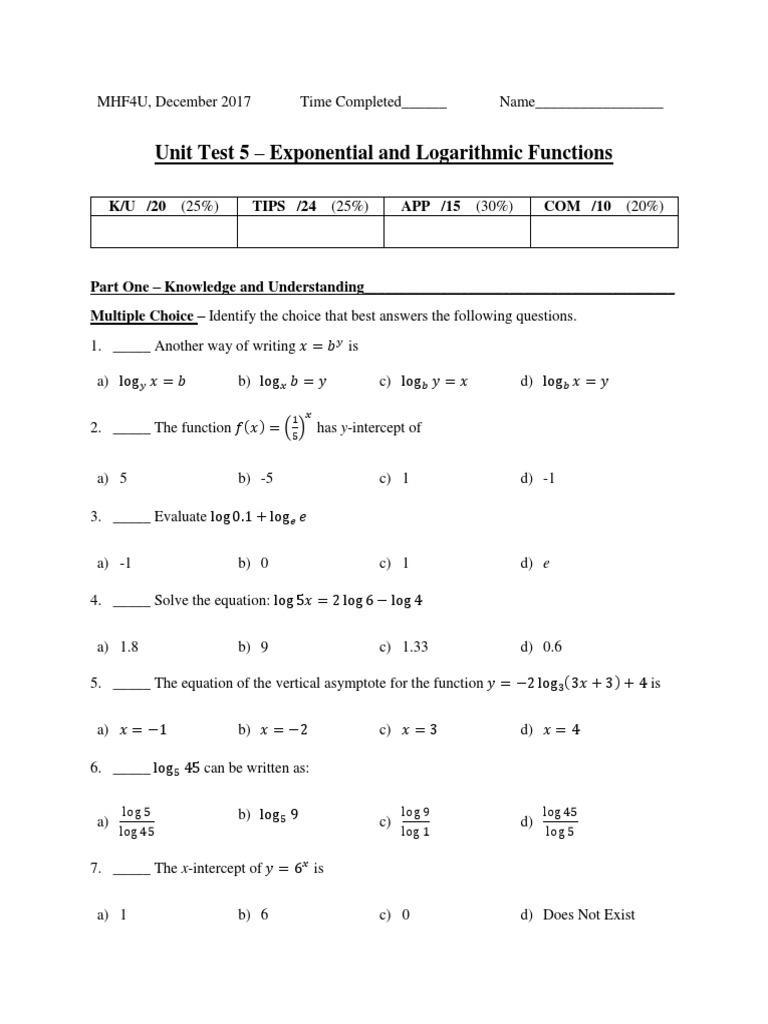 MHF4U Exponential and Logarithmic Test Logarithm Mathematical Objects