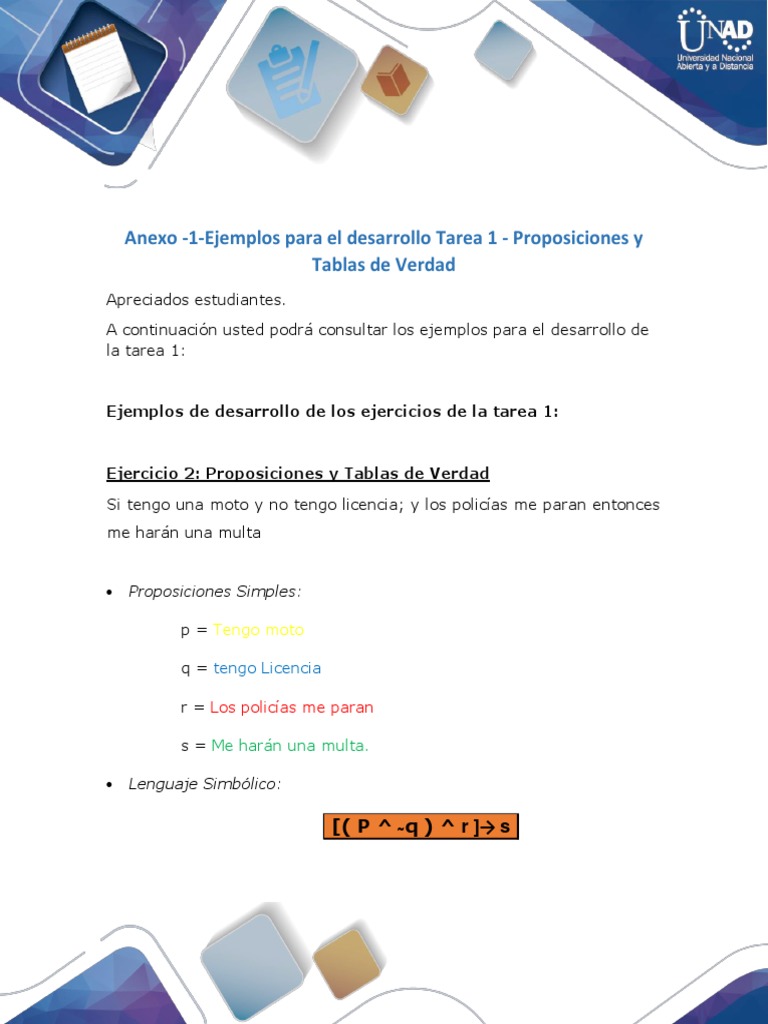 Anexo 1Ejemplos para El Desarrollo Tarea 1 Proposiciones y Tablas de Verdad PDF