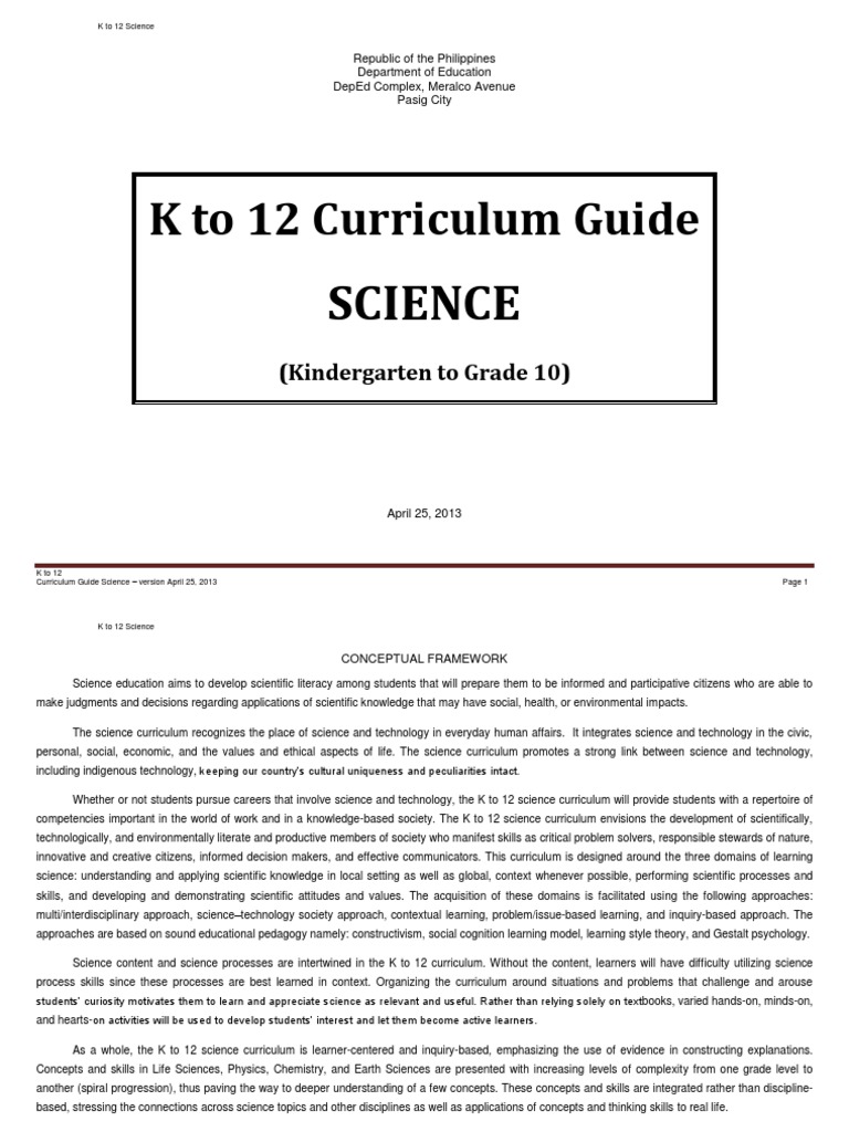 K to 12 Science Curriculum Guide | PDF | Chemical Bond | Reproduction