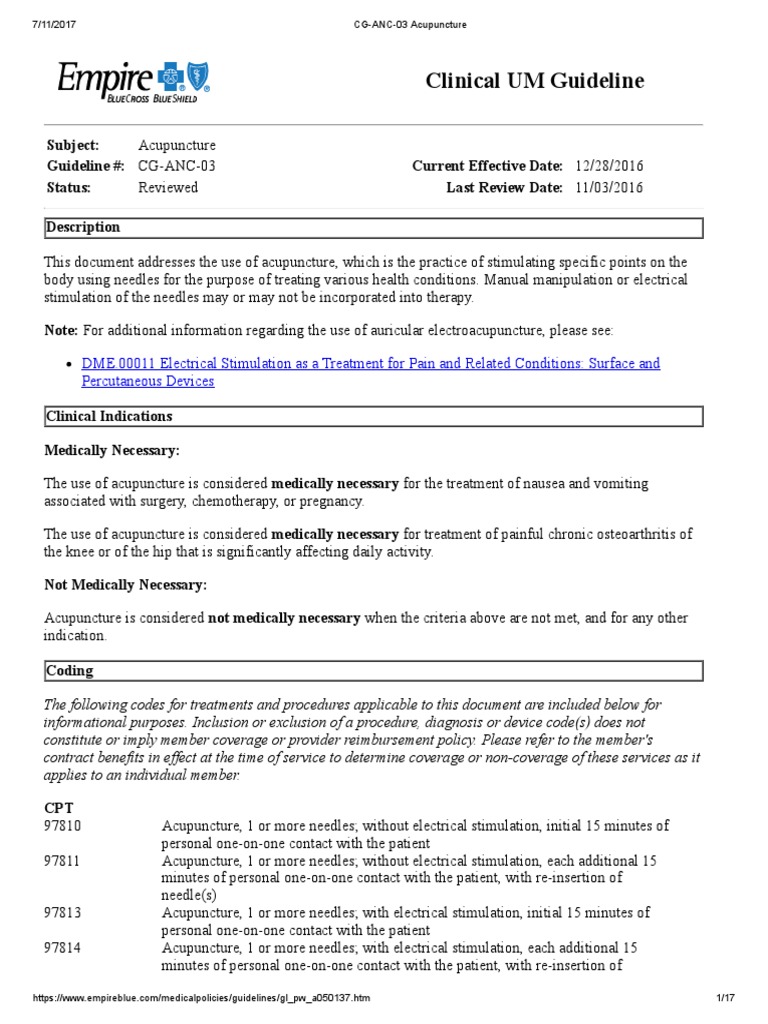 Empire BCBS 2017 PDF Acupuncture Low Back Pain